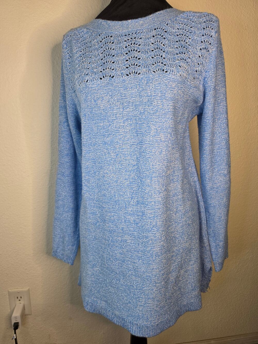 Croft & Barrow Blue Marled Pointelle Knit Long Sleeve Soft Coay Tunic Sweater M